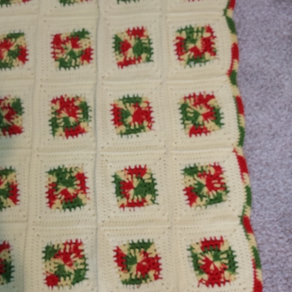 Handmade Crocheted Butter Yellow Red Green Throw Lap Blanket Afghan Granny 24x30 - Picture 8 of 11